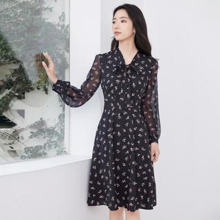 香影 X.YING【时尚秋冬装】碎花连衣裙女长袖气质淑女收腰飘带蝴蝶结裙子