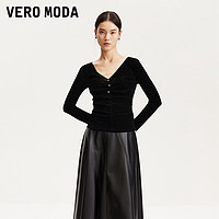 VERO MODA T恤女2025春季新款丝绒质感心型纽扣褶皱设计