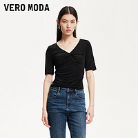 VERO MODA T恤女2025春新款光泽面料褶皱V领五分袖气质显身材上衣