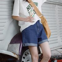 马登 MADEN女装日系复古3分丹宁裤浅蓝显瘦夏季水洗卷边港风牛仔短裤A字