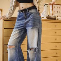 马登 MADEN女装 重水洗破洞牛仔裤浅春系渐变cleanfit直筒裤高街vibe长裤 洗水蓝