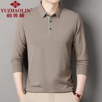 俞兆林男士长袖T恤春秋季新款商务休闲纯色POLO衫中青年翻领打底体恤衫 卡其色 4XL (190) (建议190到210斤穿)
