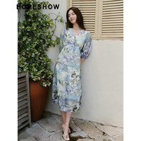 红袖 复古碎花连衣裙夏季2025女装小众设计气质V领显瘦女神范长裙 蓝花605 S