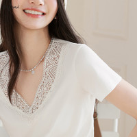 伊芙丽（eifini）伊芙丽法式V领浪漫重工定制蕾丝气质短袖T恤女上衣2025春季新款   100-110斤