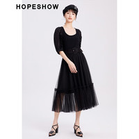 红袖夏季女装 宽腰头压褶网纱半身裙 黑050 L