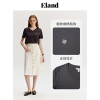 【100%棉】Eland衣恋V领短袖T恤女LOGO刺绣直筒显瘦上衣夏 深灰色(17)D/Grey L/170