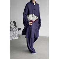 长款防晒外套男夏季汉服男装禅意亚麻居士服长袍演出话剧道袍套装