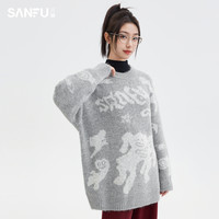 三福红色毛衣2024春季本命年穿搭个性宽松套头上衣女装493397 黑撞蓝 M