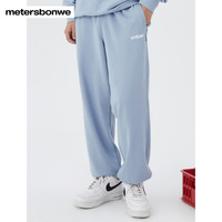 美特斯邦威时尚卫裤男女同款绣花针织秋冬宽松休闲束脚运动裤 浅灰蓝 160/66A/XS