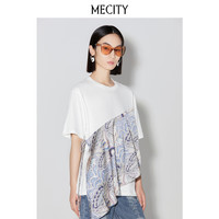 MECITY女士夏季手绘印花全棉拼接小众设计感T恤女518577 亮白 170/92A
