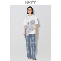 MECITY女士夏季手绘印花全棉拼接小众设计感T恤女518577 黑色 160/84A