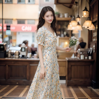 FOURDATRY碎花裙子连衣裙夏装女装中长裙夏季旗袍 碎花连衣裙 S (70-80斤)