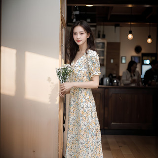 FOURDATRY碎花裙子连衣裙夏装女装中长裙夏季旗袍 碎花连衣裙 S (70-80斤)