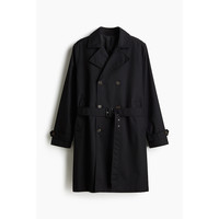 HM男装风衣2025春季翻领双排扣束腰宽松长袖长款大衣1267636 黑色 180/116