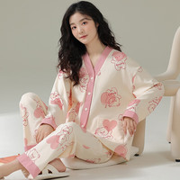 梵佩萝纯棉家居服睡衣套装少女青年V领开衫春秋长袖长裤和服女士2025 34598 XL (120-140斤/165-170cm)