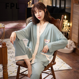 梵佩萝纯棉家居服睡衣套装少女青年V领开衫春秋长袖长裤和服女士2025 33916 L （100-120斤/160-165cm）
