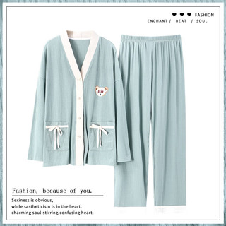梵佩萝纯棉家居服睡衣套装少女青年V领开衫春秋长袖长裤和服女士2025 33916 L （100-120斤/160-165cm）