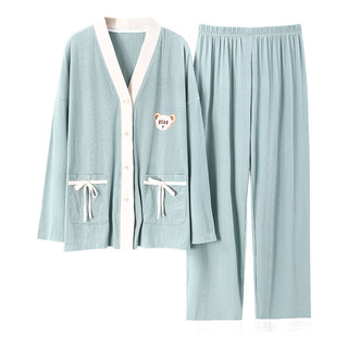 梵佩萝纯棉家居服睡衣套装少女青年V领开衫春秋长袖长裤和服女士2025 33916 L （100-120斤/160-165cm）