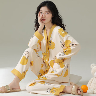 梵佩萝纯棉家居服睡衣套装少女青年V领开衫春秋长袖长裤和服女士2025 34597 XL （120-140斤/165-170cm）