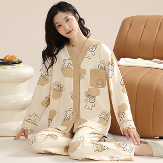 梵佩萝纯棉家居服睡衣套装少女青年V领开衫春秋长袖长裤和服女士2025 34859 L （100-120斤/160-165cm）