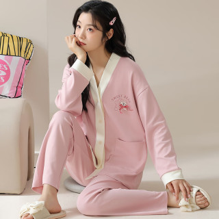 梵佩萝纯棉家居服睡衣套装少女青年V领开衫春秋长袖长裤和服女士2025 35264 XL （120-140斤/165-170cm）