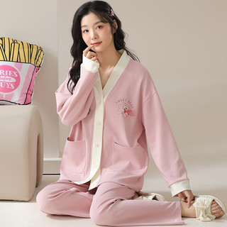 梵佩萝纯棉家居服睡衣套装少女青年V领开衫春秋长袖长裤和服女士2025 35264 XL （120-140斤/165-170cm）