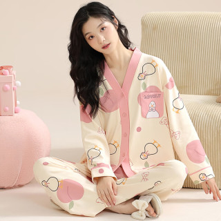 梵佩萝纯棉家居服睡衣套装少女青年V领开衫春秋长袖长裤和服女士2025 34861 2XL （140-160斤/170-175cm）