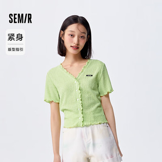 森马 Semir短袖T恤女短款木耳边紧身肌理上衣夏温柔系气质V领开衫女士 40140