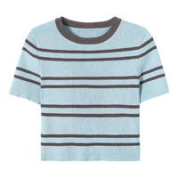 BAIC HOUE/百家好条纹短款针织衫2024夏季新款百搭薄款女小衫