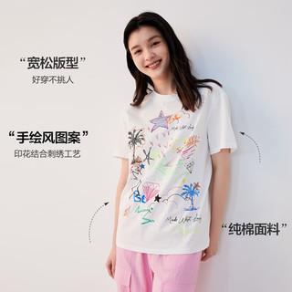 VEROMODAT恤女24秋冬纯棉圆领印花宽松韩版通勤323301024 S85本白色 175/92A/XL