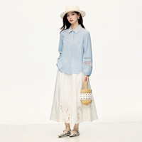 茵曼（INMAN）法式镂空绣花条纹衬衫女2025春季气质时尚泡泡袖舒适衬衣 蓝条 XL