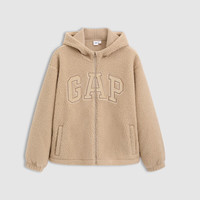 GAP女装2024秋冬贴布绣logo仿羊羔绒连帽卫衣加厚外套600757 卡其色 S (160/80A亚洲尺码)