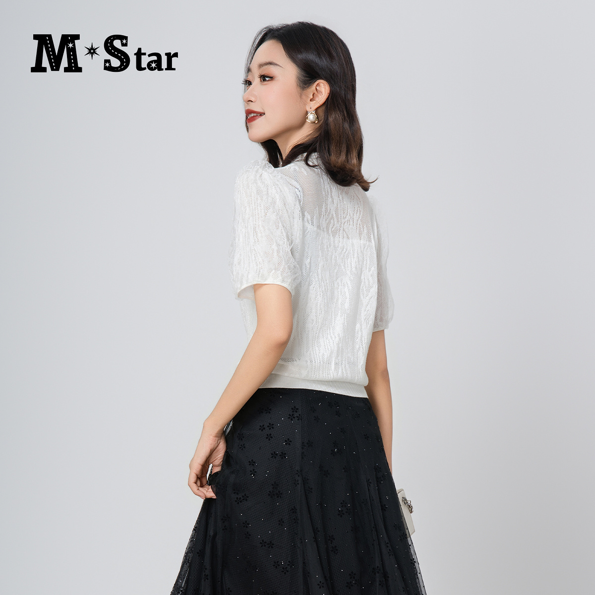 M-star明星系列夏季新中式网纱套头两件套泡泡袖针织上衣女