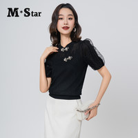 M-star明星系列夏季新中式网纱套头两件套泡泡袖针织上衣女 夜幕黑 S
