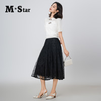 M-star明星系列夏季新中式网纱套头两件套泡泡袖针织上衣女 夜幕黑