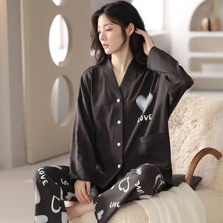 梵佩萝纯棉家居服睡衣套装少女青年V领开衫春秋长袖长裤和服女士2025 34394 L （100-120斤/160-165cm）