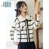 Halo Queen针织衫女翻领撞色条纹立体花朵甜妹设计慵懒风开衫上衣