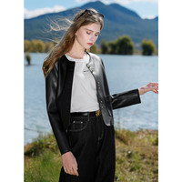 三彩2025春季PU皮衣外套圆领正肩短款箱型上衣开衫气质M 经典黑 XL 170/92A