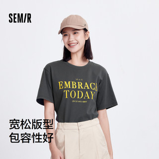 森马 Semir短袖T恤女中长款纯棉衣服个性休闲风夏季宽松字母套头衫潮流