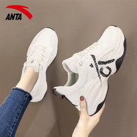 安踏（ANTA）女鞋夏季跳操鞋春夏新款女子休闲老爹鞋潮透气网面跑步运动鞋子女 象牙白-2 皮面防泼水 36