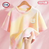 C&A女童短袖夏季2025扎染女大童纯棉t恤儿童半袖女 布袋熊K黄粉 160