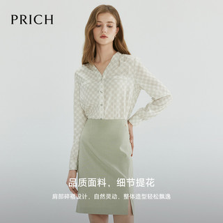 PRICH气质V领提花长袖衬衫别致金属扣基础百搭休闲上衣女
