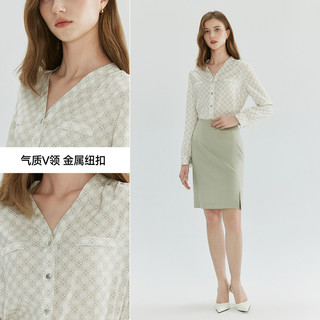 PRICH气质V领提花长袖衬衫别致金属扣基础百搭休闲上衣女