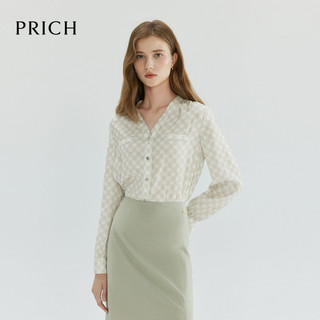 PRICH气质V领提花长袖衬衫别致金属扣基础百搭休闲上衣女