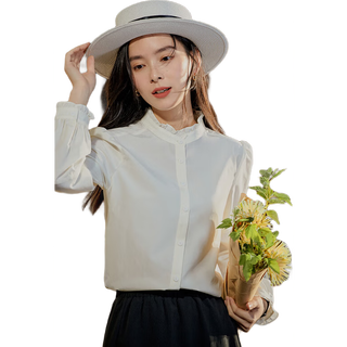 茵曼法式立领秋女装气质洋气显瘦泡泡袖衬衫上衣