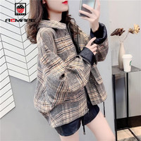 AEMAPE外套女2025年春秋冬季盐系毛呢格子短外套女装韩版上衣 深灰 L