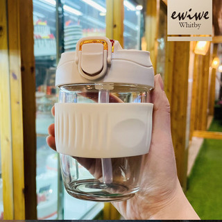 EWIWE 双饮杯盖咖啡杯男女随手咖啡杯防滑套硅胶套圈高硼硅玻璃吸管 胭脂粉/约 500ml