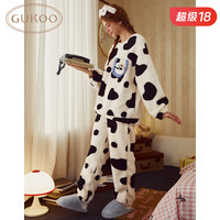 果壳(Gukoo)睡衣女冬季新款派对小狗系列黑白花毛绒保暖圆领女士家居服套装D 松露黑女套 S