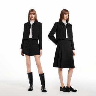 朗姿集团春秋款女式外套花呢翻领小香风蝴蝶结西装羊毛短外套