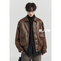 伯爵卓尔手工擦色做旧复古PU仿皮皮衣男士夹克外套2024秋冬 E431657 漆黑 XL